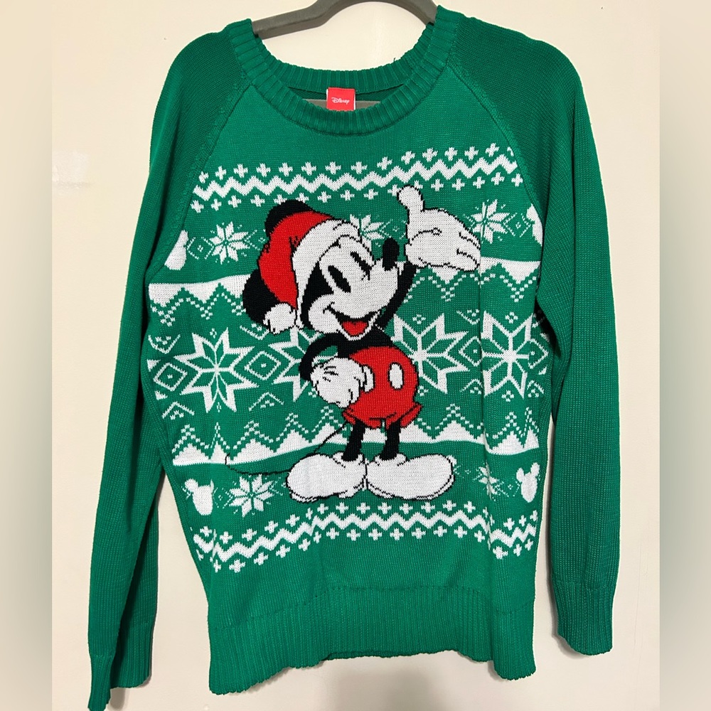 Disney Micky Mouse Womens Christmas Sweater Green Fair Isle Snowflake